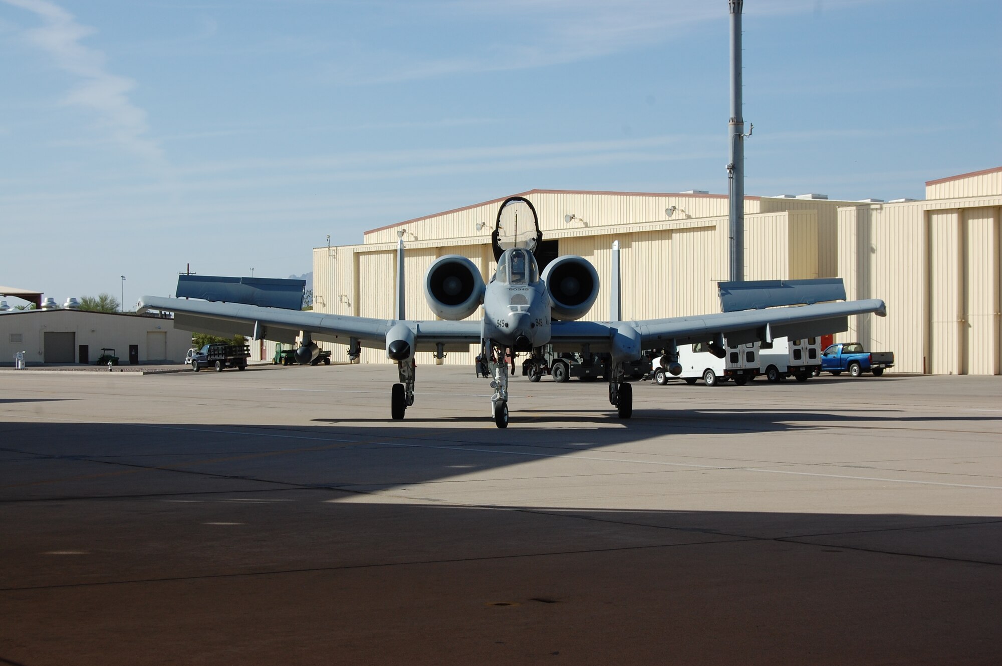 U.S. Air Force Lt. Col. Michael Curley, 357th Fighter Squadron commander, taxis under a sunshade at Davis-Monthan Air Force Base, Ariz., May 5, 2014. Curley has flown for more than 3,000 hours in the A-10 Thunderbolt II aircraft. (Courtesy Photo/Released)