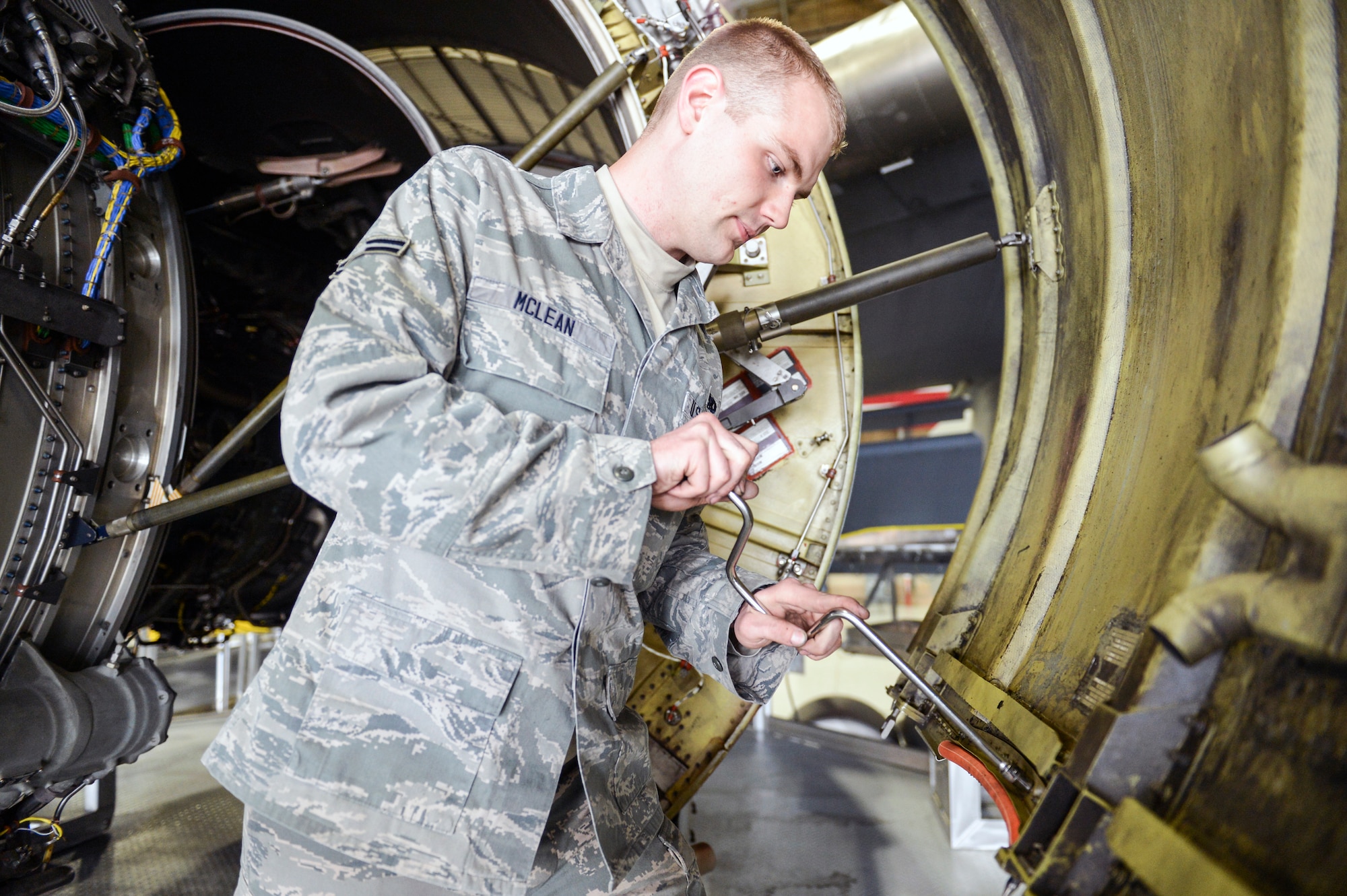 Airman 1st Class Taylor Mclean, 62nd Maintenance Squadron aerospace propulsion journeyman, replaces a fixed fan duct seal on a C-17 Globemaster III May 5, 2014 at Joint Base Lewis-McChord. 62nd MXS maintainers conduct a home station check inspection on different C-17s every three days and have found anywhere from five to 15 bad seals on each plane. (U.S. Air Force photo/ Staff Sgt. Russ Jackson)