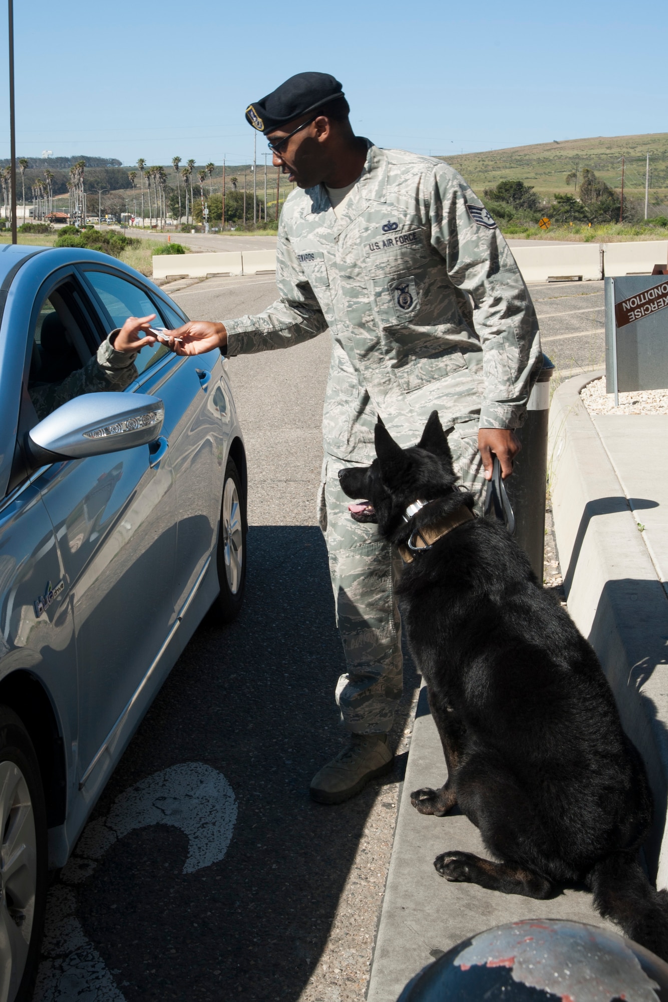 Staff Sgt. Henry Edwards III, 30th Security Forces Squadron military working dog trainer and handler, and his dog Blecki check identification, April 29, Vandenberg Air Force Base, Calif. Random anti-terrorism measures are conducted every day to help keep the base safe. (U.S. Air Force photo by Airman 1st Class Yvonne Morales/Released)