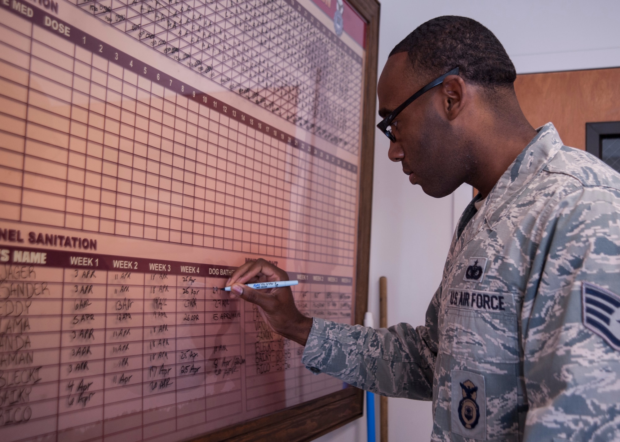 Staff Sgt. Henry Edwards III, 30th Security Forces Squadron military working dog trainer and handler, updates a record board, April 29, Vandenberg Air Force Base, Calif. Detailed records are kept for each MWD to track health and behavior. (U.S. Air Force photo by Airman 1st Class Yvonne Morales/Released)