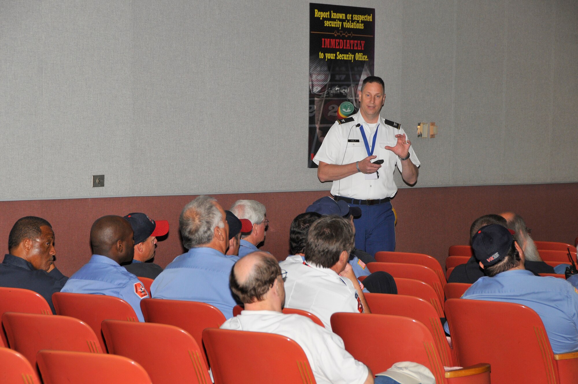 Col. Warner Holt speaks to a group of attendees at the AEDC Security Fair about how security supports missions overseas. During his presentation, Holt also thanked AEDC personnel for doing their part to ensure warfighters are kept safe. (Photo by Jacqueline Cowan)