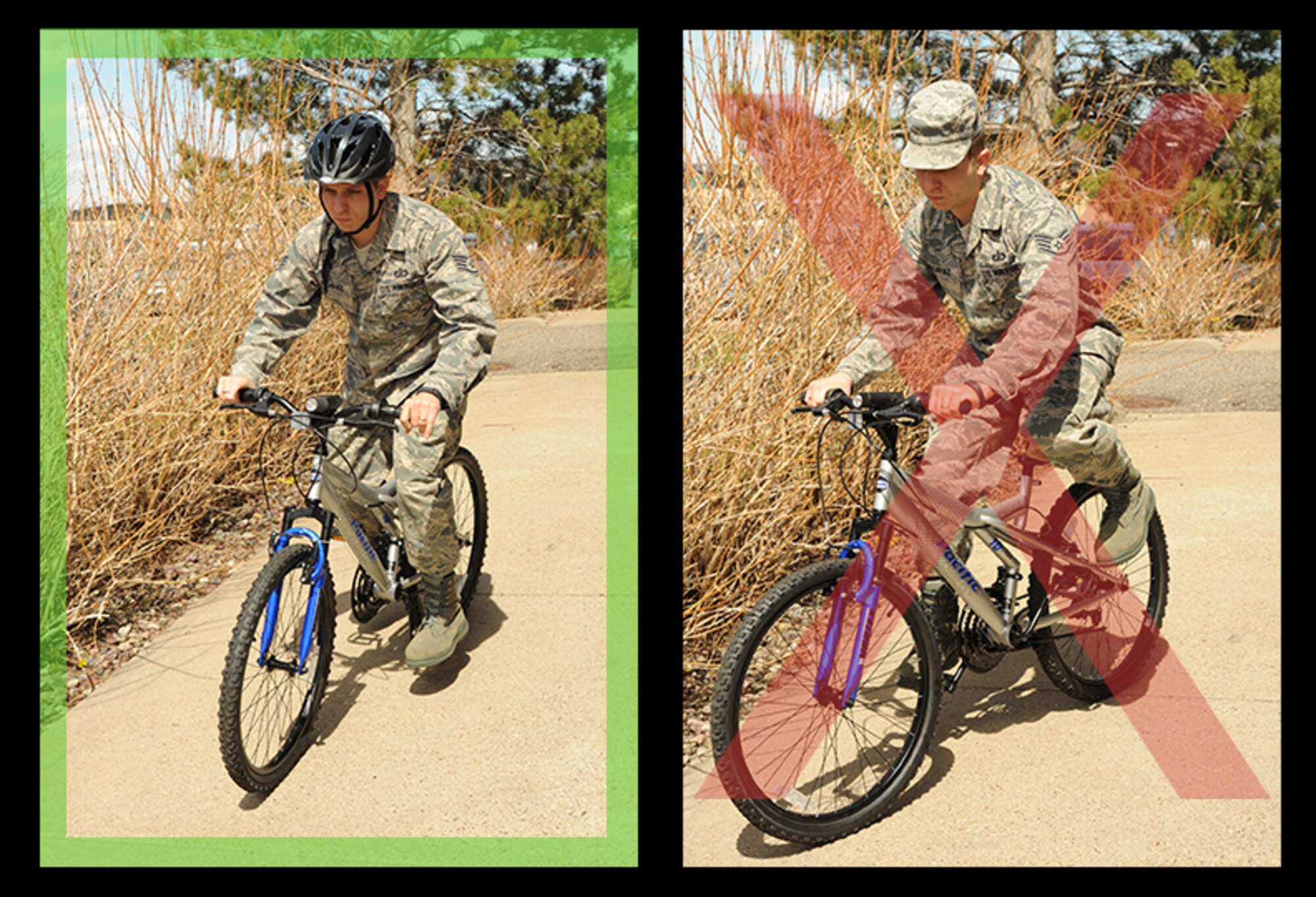 In the photo on the left, Staff Sgt. Osvaldo Alcaraz, 341st Comptroller Squadron NCO in charge of quality examinations, demonstrates the proper personal protective equipment, or PPE, to wear while riding a bicycle. Alcaraz demonstrates the improper wear on the right. (U.S. Air Force photo illustration/Senior Airman Cortney Paxton)