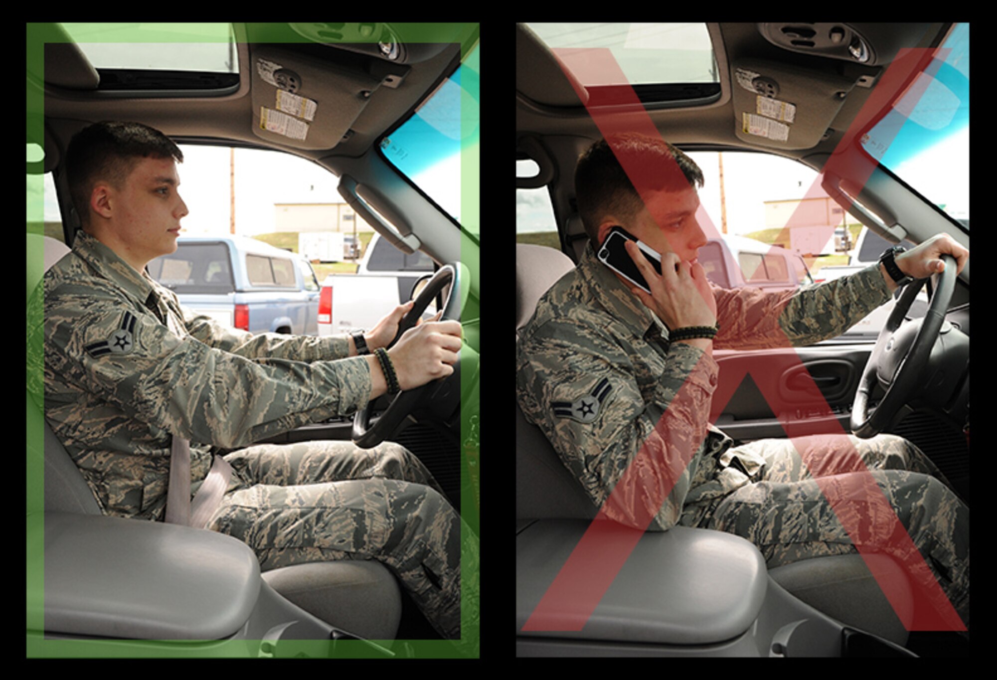 In the photo on the left, Airman 1st Class Joshua Smoot, 341st Missile Wing Public Affairs photojournalist, demonstrates the proper use of a safety belt while in an enclosed vehicle. In the photo on the right, Smoot demonstrates the improper way to operate a vehicle - cellphone use is prohibited while the vehicle is in operation, and a safety belt must be worn. (U.S. Air Force photo illustration/Senior Airman Cortney Paxton)
