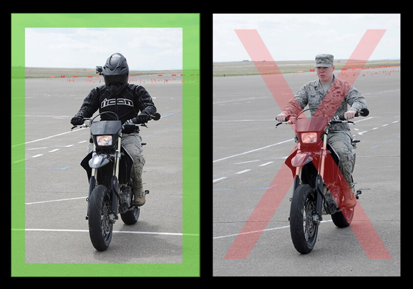 In the photo on the left, Senior Airman Richard Peart Jr., 341st Comptroller Squadron customer service technician, demonstrates the proper personal protective equipment, or PPE, to wear while riding a motorcycle. Peart demonstrates the improper wear on the right. (U.S. Air Force photo illustration/Senior Airman Cortney Paxton)