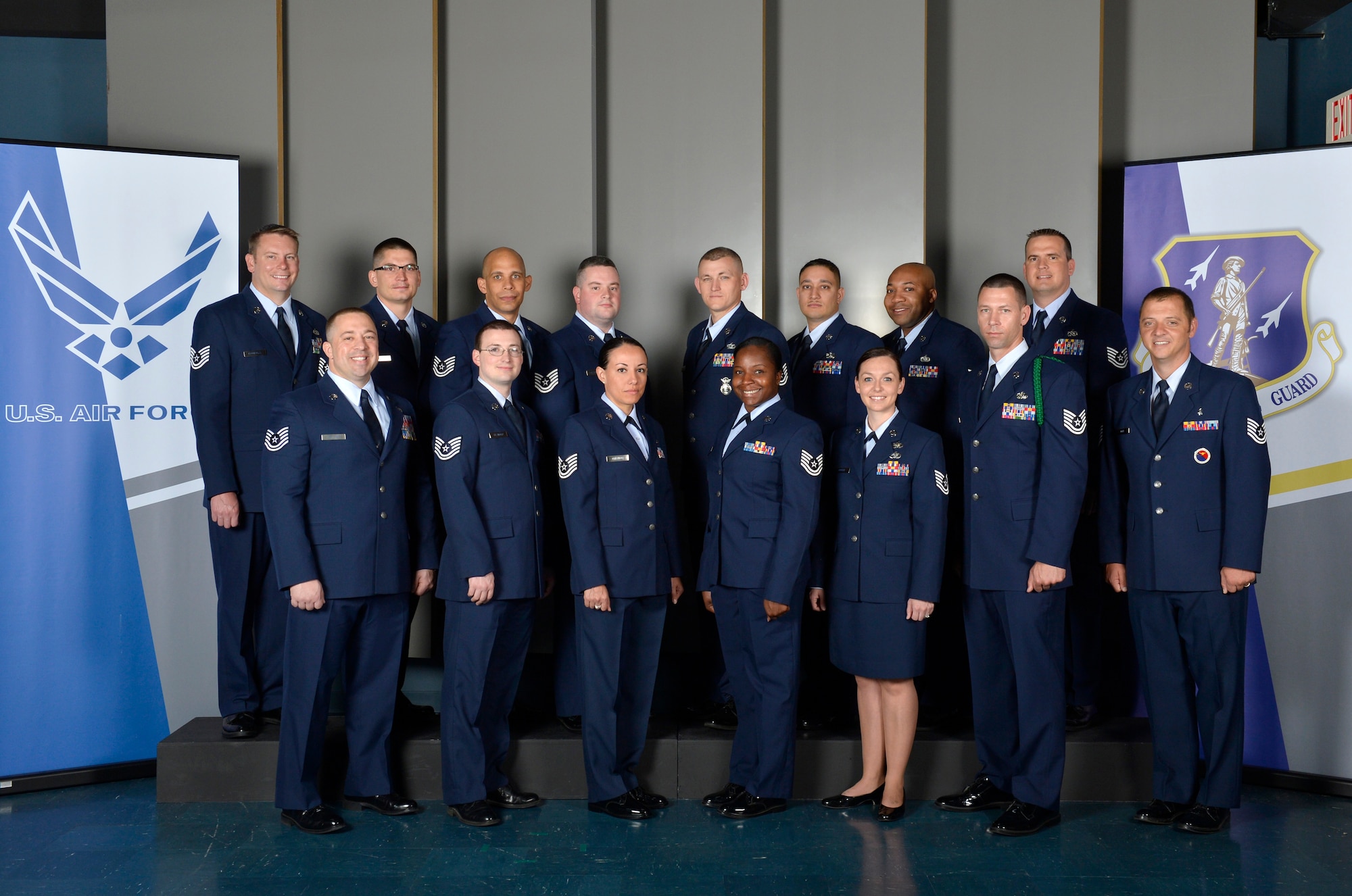 MCGHEE TYSON AIR NATIONAL GUARD BASE, Tenn. - B-flight students attending the Noncommissioned Officer Academy, Class 14-5, April 30, 2014, at the Paul H. Lankford Enlisted Professional Military Education Center gather in TEC TV studio here for their flight photos. (U.S. Air National Guard photo by Master Sgt. Kurt Skoglund/Released)