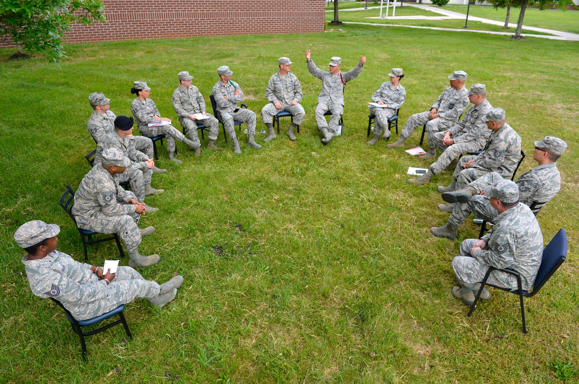 MCGHEE TYSON AIR NATIONAL GUARD BASE, Tenn. - Tech. Sgt. Donald O. Noel, instructor, discusses social media do's and don't's in the military with NCO Academy Class 14-5, B-flight, on the I.G. Brown Training and Education Center campus here, May 9, 2014. (U.S. Air National Guard photo by Master Sgt. Kurt Skoglund/Released)