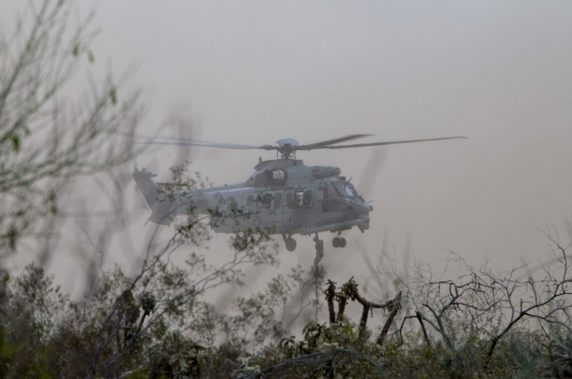 A French Eurocopter EC-735 Caracal hovers while personnel aboard fastrope down during Alternate Insertion Extraction  training during Exercise ANGEL THUNDER May 07, 2014 at Davis-Monthan Air Force Base, Ariz. ANGEL THUNDER 2014 is the largest and most realistic joint service, multinational, interagency combat search and rescue exercise designed to provide training for personnel recovery assets using a variety of scenarios to simulate deployment conditions and contingencies. Personnel recovery forces will train through the full spectrum of personnel recovery capabilities with ground recovery personnel, air assets, Special Forces teams and federal agents. (U.S. Air Force photo by Staff Sgt. Adam Grant/Released)