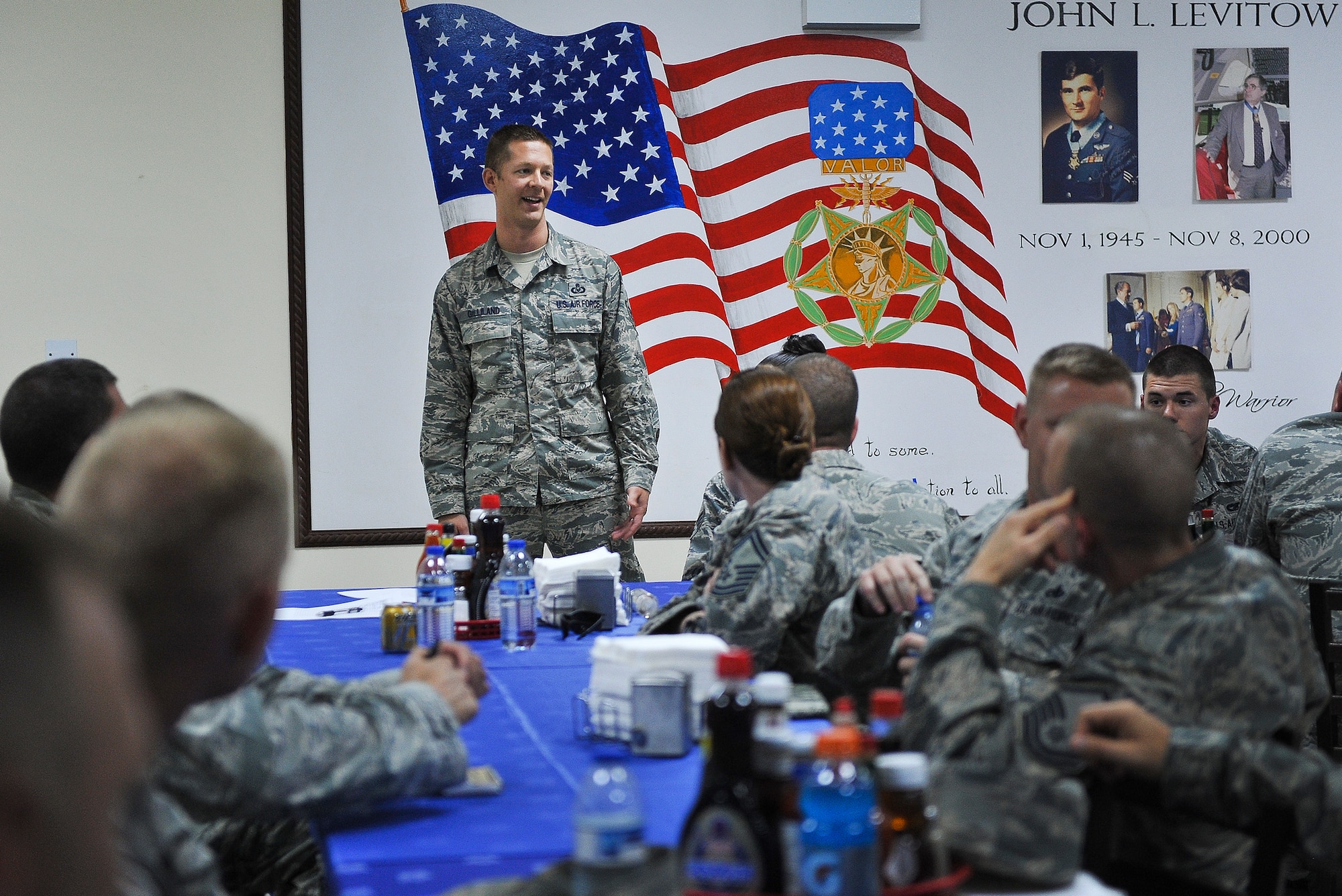 Master Sgt. Trevor Gilliland, the 492nd Expeditionary Fighter Squadron superintendent, speaks to speed mentorship participants May 6, 2014, at an undisclosed location in Southwest Asia. The event provided Airmen a chance to probe a diverse selection of senior noncommissioned officers from around the wing about their extensive leadership knowledge.   (U.S. Air Force photo byTech. Sgt. Russ Scalf/Released)