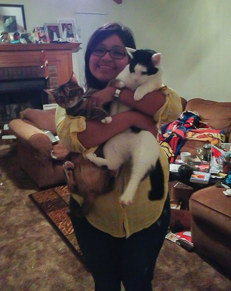 My family. From left to right: Miki, a 5-year-old mackerel tabby, Cece, 25 years old, and Lulu, a 4-year-old tuxedo cat. Miki was a shelter-rescue kitten in Dover, Del., picked out by me, and Lulu was a stray scrougning from trash cans in Magnolia, Del., before Cece took her in. (Courtesy photo.)