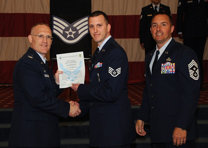 Staff Sgt. Ryan Walker, 2nd Munitions Squadron, receives a certificate of promotion from Col. Michael Adderley, 2nd Operations Group commander, and Chief Master Sgt. Curtis Storms, 2nd Bomb Wing command chief, during the Wing Promotion Ceremony on Barksdale Air Force Base, La., April 30, 2014. (U.S. Air Force photo/Senior Airman Kristin High)