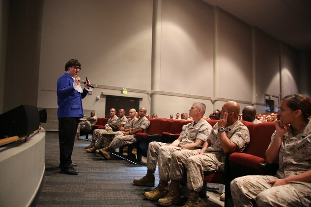 Ben Antherton-Zeman, national speaker and actor, speaks to Marines about sexual assault, aboard the depot, April 15. Antherton-Zeman has performed his play over 500 times to schools, churches, conferences and military instillations.
