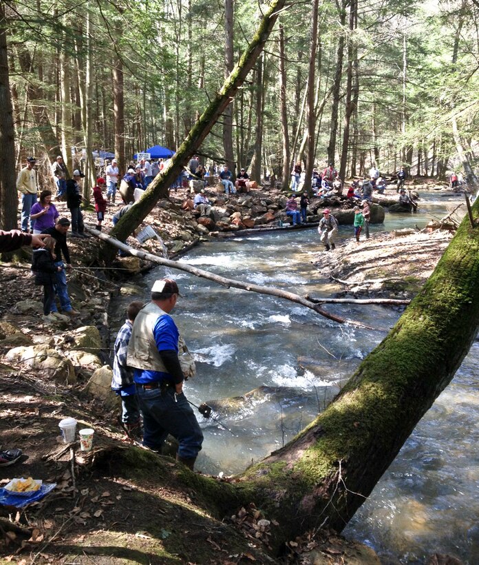 Sportsmen by the hundreds show up to local streams with hopes of catching a trout on opening day of trout season in Tionesta, Pa., at the stocked Ross Run Fish Habitat Improvement Area, Apr. 12.