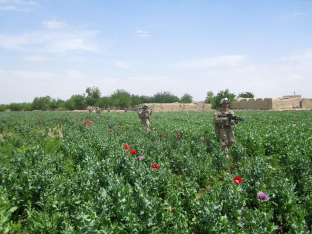 Marines with 1st Battalion, 7th Marine Regiment, patrol through a field in Sangin, Afghanistan, April 8, 2012. The battalion retrograded from Sangin, May 5, 2014, and turned over security responsibility of the area to the Afghan National Army. The infantrymen of 1st Bn., 7th Marines, were the final Marines to occupy FOB Sabit Qadam and the surrounding area in Sangin District.
