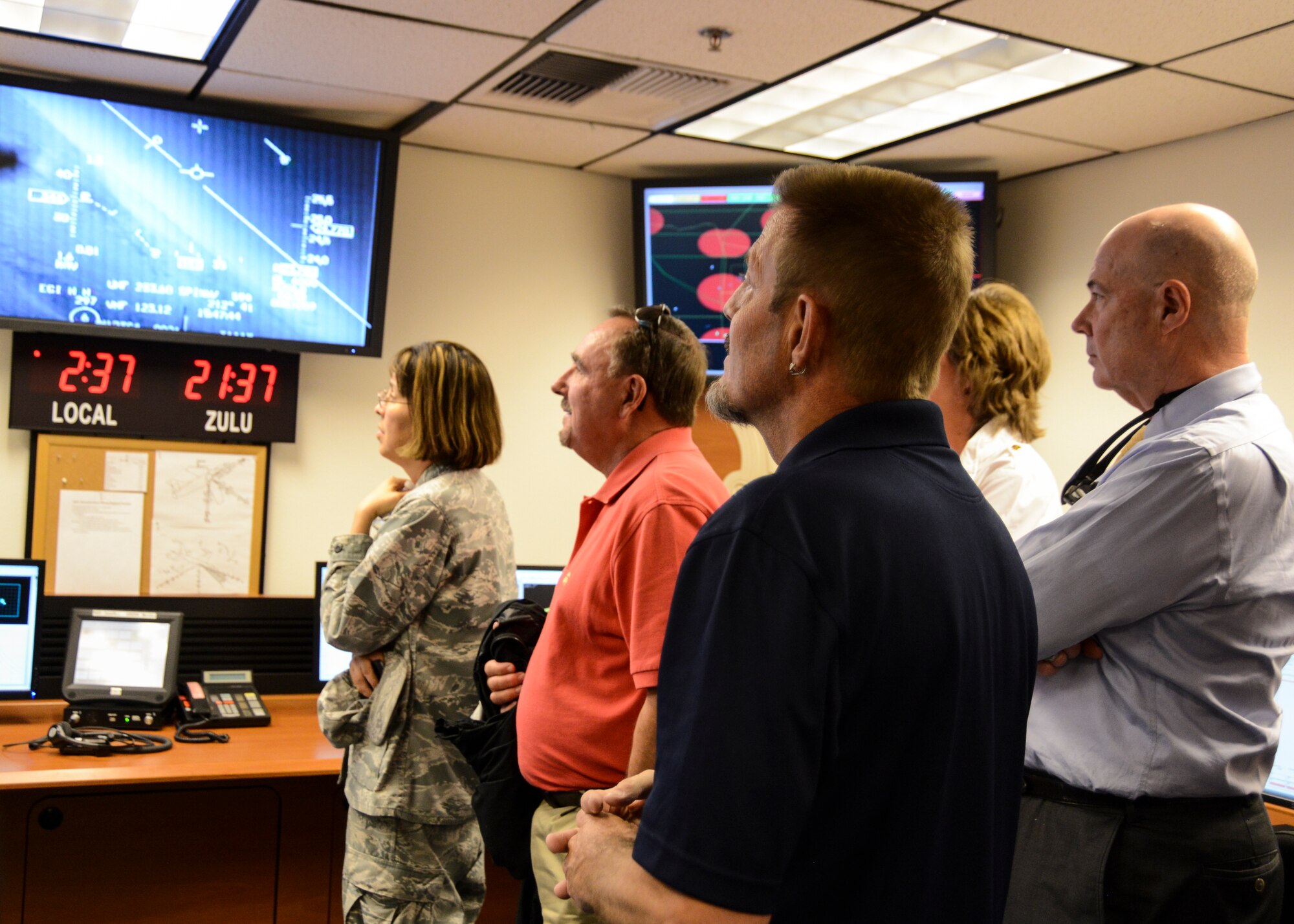 Honorary commanders toured the U.S. Air Force Test Pilot School at Edwards AFB, which including seeing the control rooms and flight simulators. (U.S. Air Force photo by Rebecca Amber)