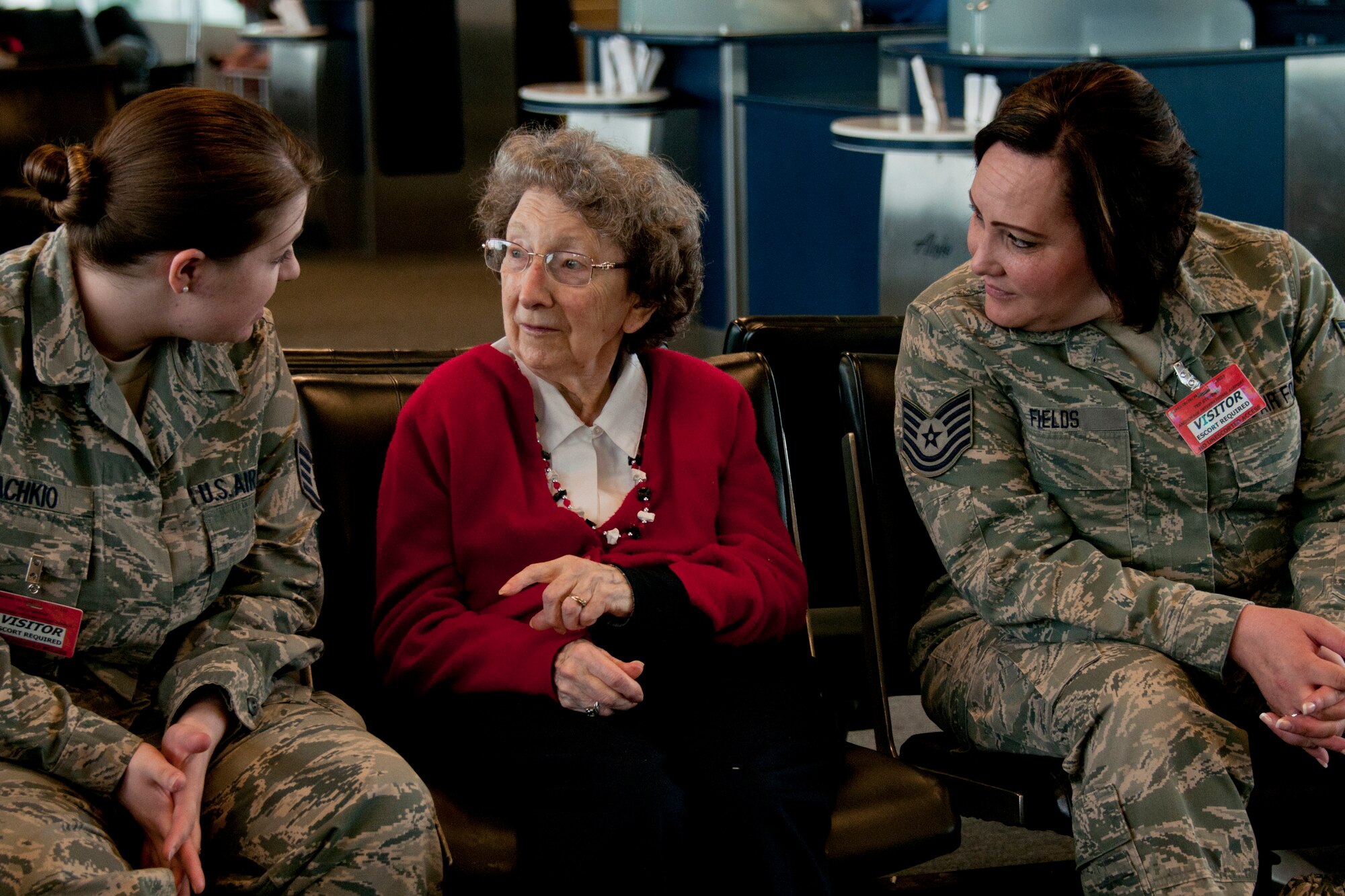 JOINT BASE ELMENDORF-RICHARDSON, Alaska -- About 45 Guardsmen of the Alaska Air National Guard's 176th Wing assisted and interacted with almost 50  World War II veterans at Ted Stevens International Airport on May 6, 2014. The Alaska veterans were on their way to visit their monuments in Washingtion, D.C., for the first time thanks to organizations such as the Golden Heart and Last Frontier Honor Flight programs, and Alaska Airlines, which provided the veterans' tickets. U.S. Air National Guard photo by Staff Sgt N. Alicia Halla/ Released