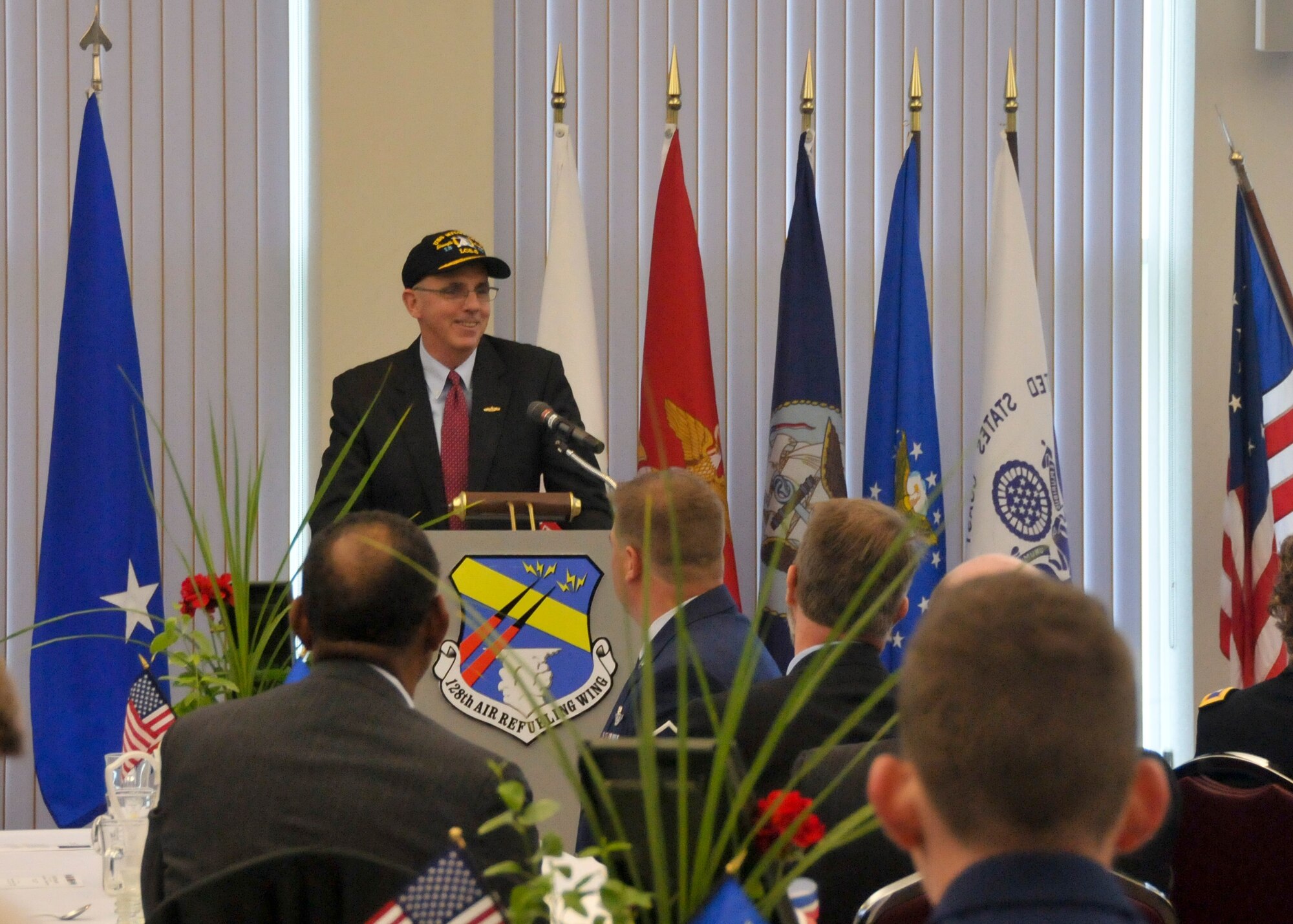 Charles Goddard, president and CEO of Marinette Marine Corporation presents as the guest speaker at the Employer Support of the Guard and Reserve Breakfast with the Boss event.  The ESGR sponsored the annual Breakfast with the Boss event here at the 128th Air Refueling Wing on May 12, 2014.  (U.S. Air National Guard photo by Airman Morgan Lipinski/Released).