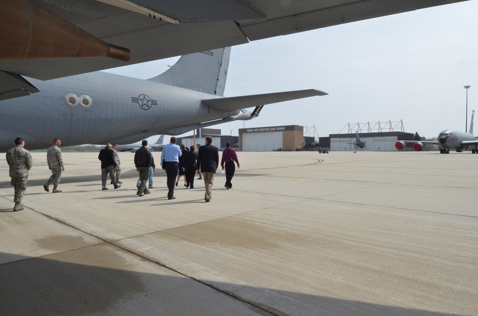 Guests of the Employer Support of the Guard and Reserve Breakfast with the Boss event tour a KC-135R Stratotanker after the ceremony.  The ESGR sponsored the annual Breakfast with the Boss event here at the 128th Air Refueling Wing on May 12, 2014.  (U.S. Air National Guard photo by Staff Sgt. Jenna Lenski/Released).