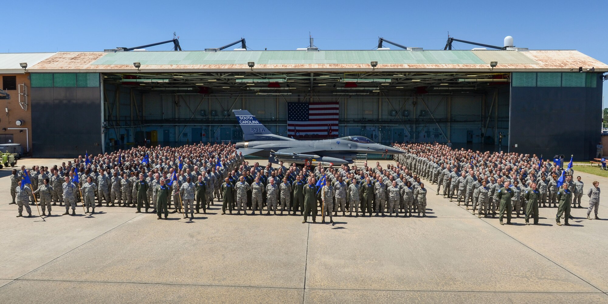 U.S. Airmen of the 169th Fighter Wing and the South Carolina Air National Guard, assemble for a change of command ceremony at McEntire Joint National Guard Base, S.C., May 3, 2014. Col. Michael Manning relinquishes command of the 169th Fighter Wing to Col. David Meyer and Col. Keith Miller assumes command of the 169th Operations Group. (U.S. Air National Guard photo by Senior Master Sgt. Edward Snyder/Released)