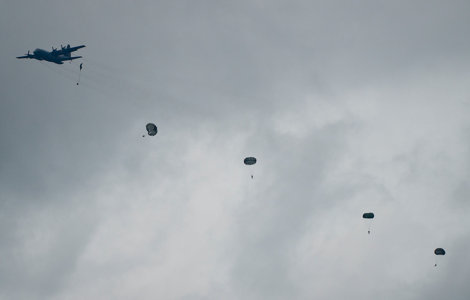 Soldiers from the 6th Ranger Training Battalion jump from a 908th Airlift Wing C-130 Hercules May 10 at Eglin Air Force Base, Fla.  The Rangers hitched a ride with the reserve aircrew only to jump out of the back of the aircraft as part of the 6th RTB’s Open House activities.  (U.S. Air Force photo/Tech. Sgt. Sam King)
