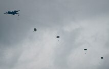 Soldiers from the 6th Ranger Training Battalion jump from a 908th Airlift Wing C-130 Hercules May 10 at Eglin Air Force Base, Fla.  The Rangers hitched a ride with the reserve aircrew only to jump out of the back of the aircraft as part of the 6th RTB’s Open House activities.  (U.S. Air Force photo/Tech. Sgt. Sam King)