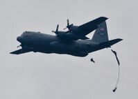 Soldiers from the 6th Ranger Training Battalion jump from a 908th Airlift Wing C-130 Hercules May 10 at Eglin Air Force Base, Fla.  The Rangers hitched a ride with the reserve aircrew only to jump out of the back of the aircraft as part of the 6th RTB’s Open House activities.  (U.S. Air Force photo/Tech. Sgt. Sam King)