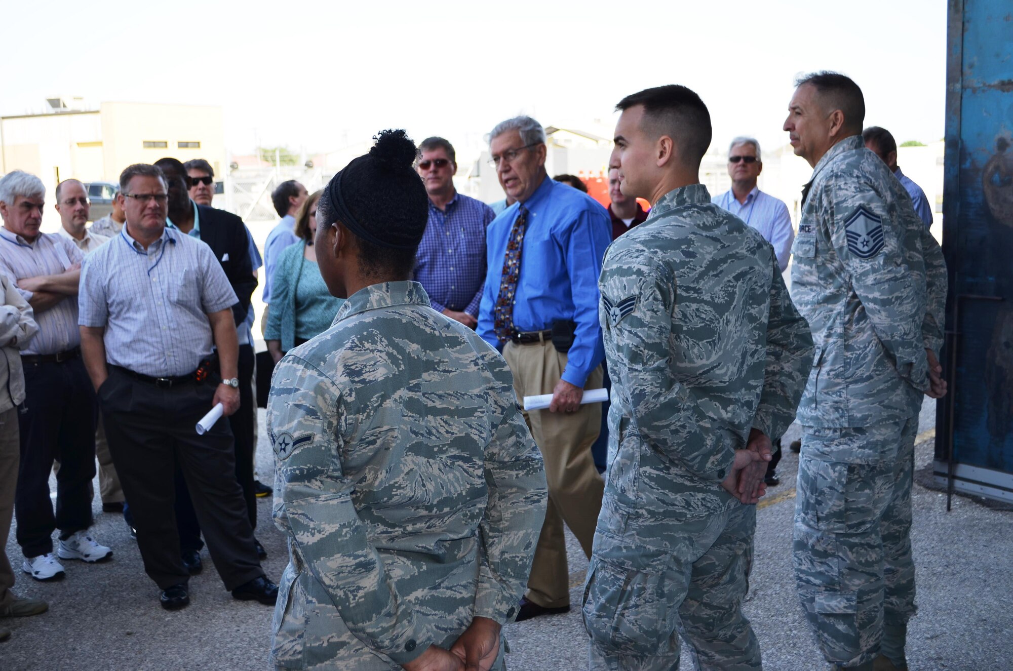 Kenneth Talley, bioenvironmental engineer with the 559th Aerospace Medicine Squadron, Joint Base San Antonio-Lackland, Texas briefs occupational medicine physicians April 29, 2014, prior to entering the 433rd Maintenance Squadron’s corrosion control facility. Physicians got a firsthand look of the C-5A Galaxy aircraft and the special challenges that the aircraft poses for aircraft maintainers, specifically corrosion control technicians.  (U.S. Air Force photo/Senior Master Sgt. Minnie Jones)

