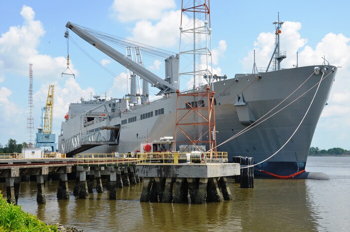 USNS Pomeroy (T-AKR-316), is moored at Wharf Alpha, May 12, 2014, on Joint Base Charleston - Weapons Station, S.C. Pomeroy is undergoing an on-load as part of the Military Sealift Command’s Prepositioning Program. Pomeroy contains more than 393,000 square feet of storage space on six decks with space to lash down tanks, helicopters, trucks and other large vehicles. Working alongside the 841st Transportation Battalion and the Army Strategic Logistics Activity Charleston, Joint Base Charleston serves as a major hub for the prepositioning program (U.S. Air Force photo/Eric Sesit)
