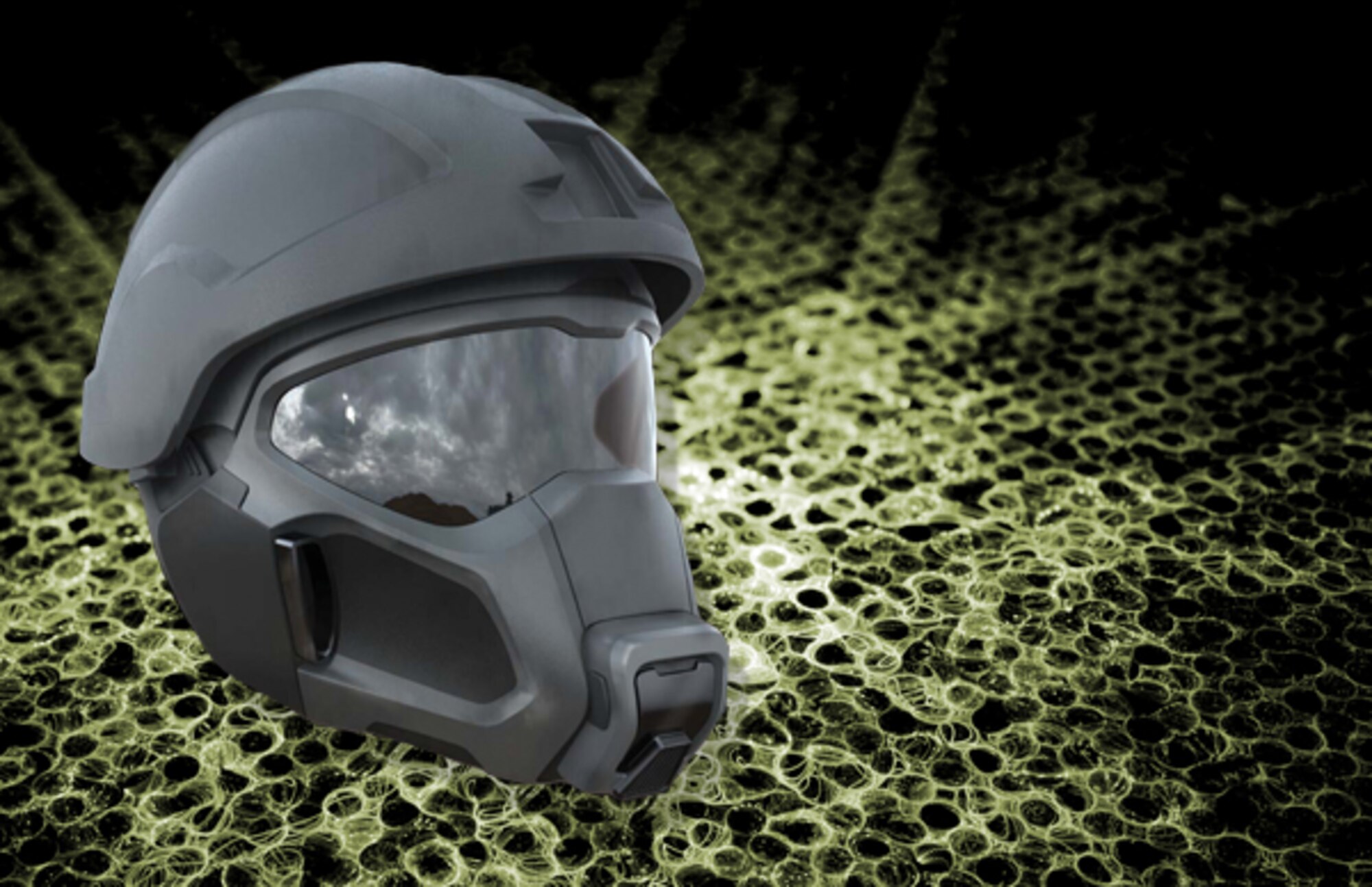 Army researchers envision a fan embedded within the chemical, biological, radioactive and nuclear respirators' filtration system that uses less power, is lighter and is far less bulky than conventional respirators. (U.S. Army photo illustration)