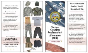 For the first time ever, a handy pocket guide for Soldiers is now available to explain the specifics of their annual Clothing Replacement Allowance. The pamphlet spells out exactly what Soldiers are required to maintain in their clothing bag. It provides the expected useful life of each item, the standard annual replacement allowance for each item and recommended replacement intervals. (Courtesy graphic)