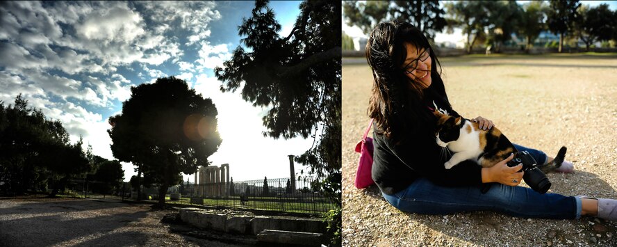 Cecelia Guadalupe Ortiz-Barreiro plays with a stray cat in the Temple of Zeus Nov. 15, 2013, in Athens, Greece. Cats are Cece's favorite animal, and she plays with, photographs, draws and paints them every chance she gets. (Photos courtesy of Jake Barreiro.)