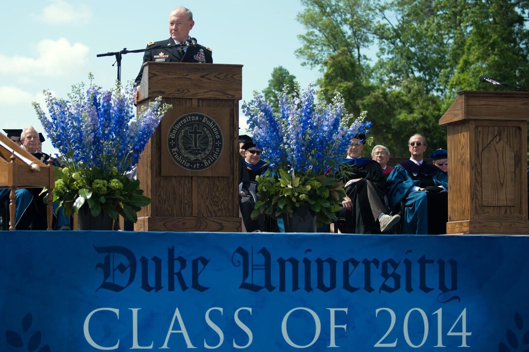 Army Gen. Martin E. Dempsey, chairman of the Joint Chiefs of Staff, delivers the commencement address at Duke University in Durham, N.C., May 11, 2014.