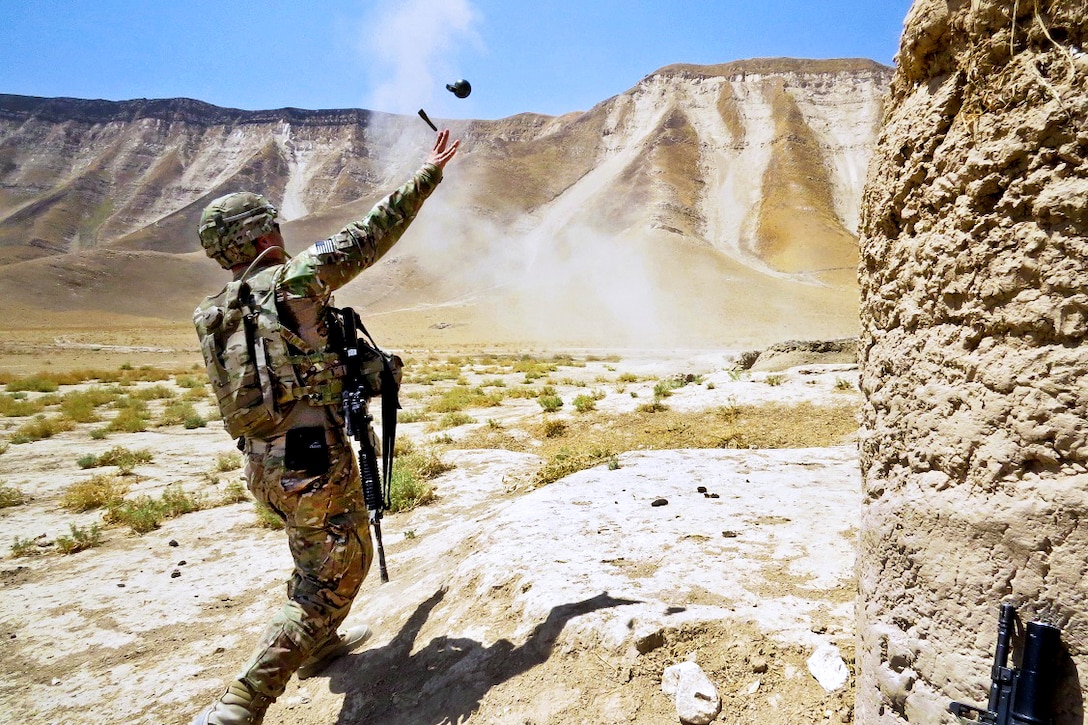U.S. Army Lt. Charles Morgan throws a M67 fragmentation grenade on a range during skills training in Kunduz province, Afghanistan, July 3, 2013. Morgan is assigned to the 1st Infantry Division's 6th Squadron, 4th Cavalry Regiment, 3rd Brigade Combat Team.  
