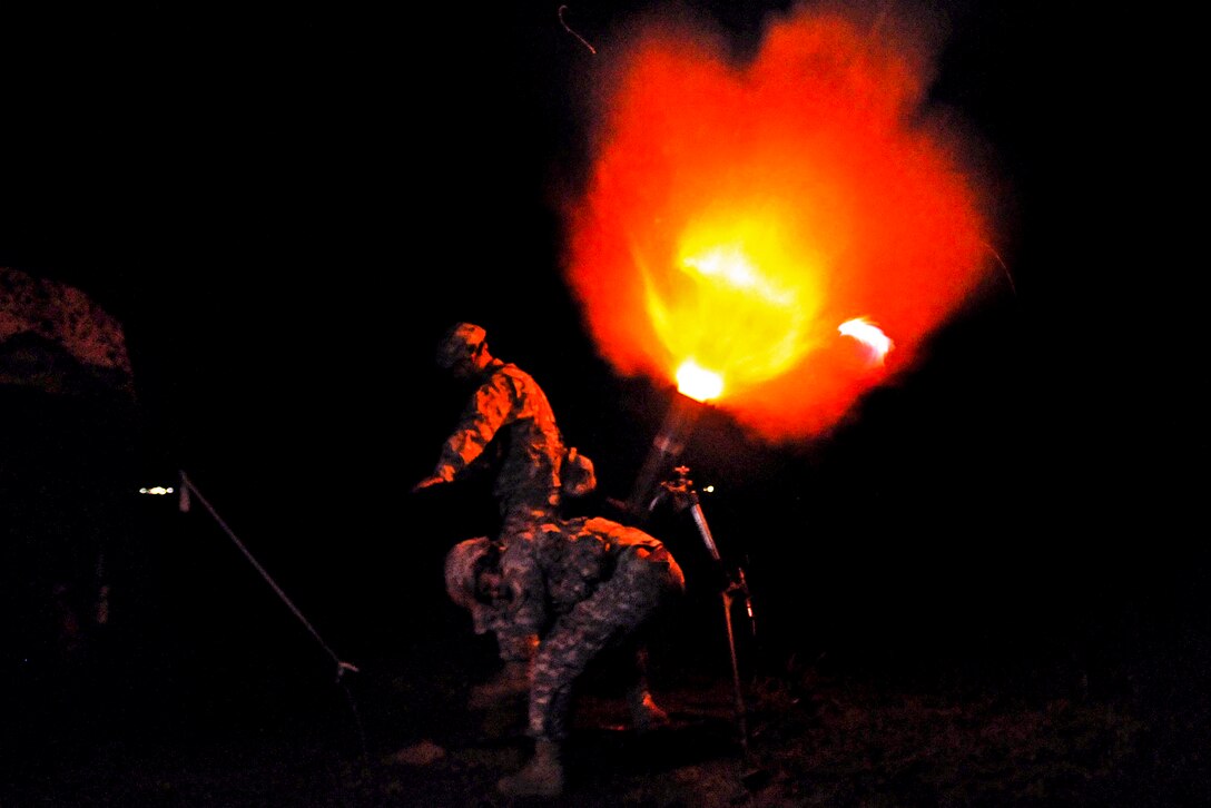Soldiers fire a round from a 120mm illumination mortar system during a night training mission on Camp Santiago Joint Maneuver Training Center in Salinas, Puerto Rico, July 14, 2013. The soldiers are assigned to the Puerto Rico National Guard's Headquarters Company, 1st Battalion, 296th Infantry Regiment, 101st Troop Command.  

