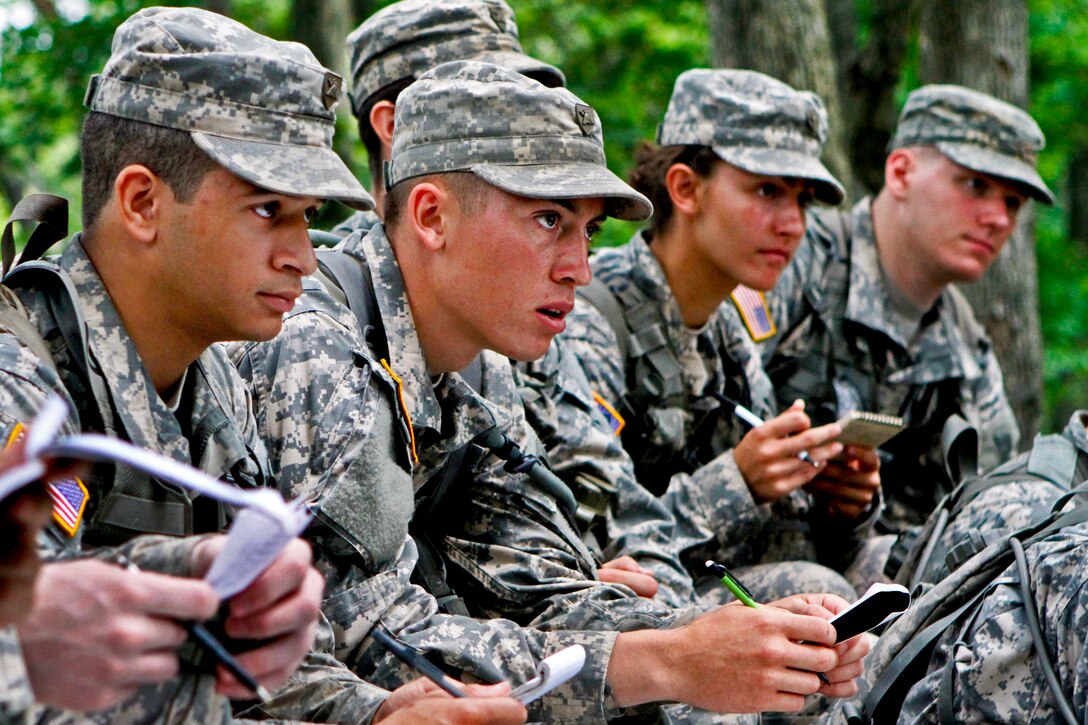 Army cadets receive a briefing before their field training exercise on Camp Buckner at the U.S. Military Academy at West Point, N.Y., July 10, 2013.  

