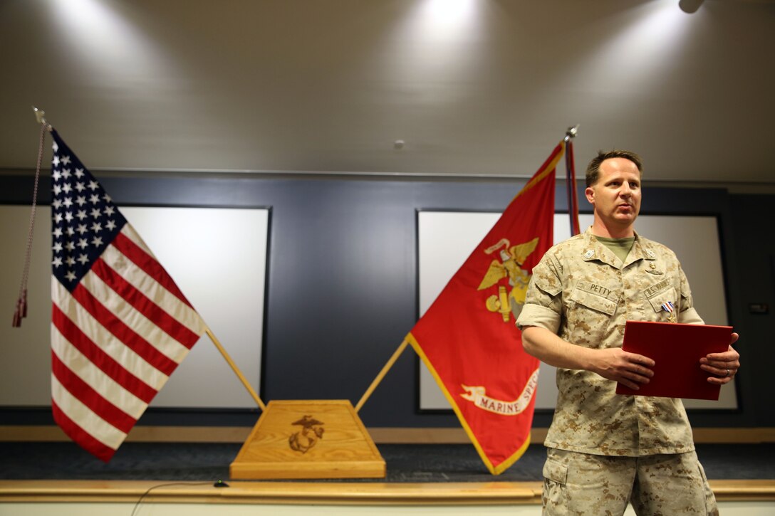 MARINE CORPS BASE CAMP LEJEUNE, N.C., (May 12, 2014) - Master Sgt. Donovan Petty, a critical skill operator with 2nd Marine Special Operations Battalion, addressed the audience after receiving the Silver Star Medal following his award ceremony at U.S. Marine Corps Forces Special Operations Command headquarters. Petty's team was engaged by insurgent personnel in Afghanistan when his actions led to the successful capture of a key insurgent leader. “This award isn’t about me; it’s about my team and their collective actions on that day. They should be receiving an award, not me,” said Petty. (U.S. Marine Corps photo by Lance Cpl. Ryan A. Young)