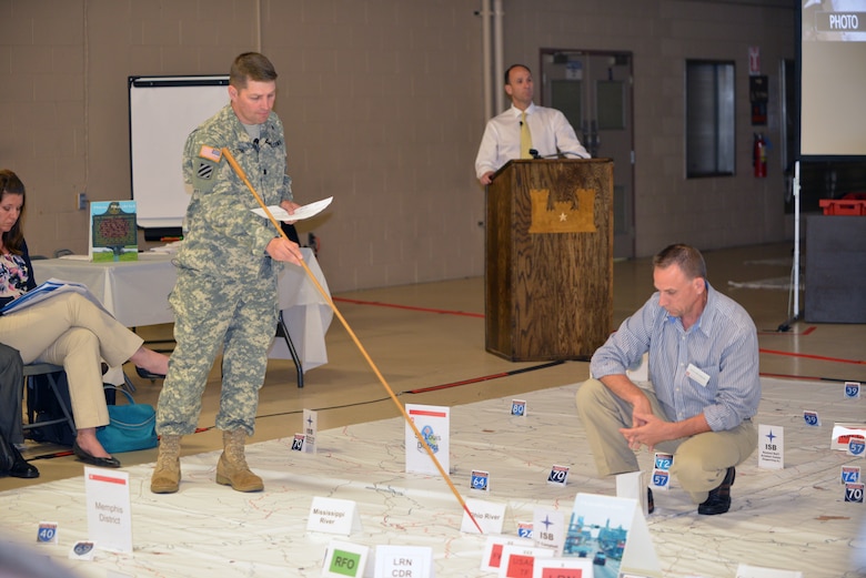 Lt. Col. John L. Hudson, U.S. Army Corps of Engineers Nashville District commander(Left), and Jerry Breznican, Nashville District Emergency Management chief, brief participants of a New Madrid seismic zone rehearsal of concept exercise May 8, 2014 in Jackson, Tenn. The exercise, led by officials at the U.S. Army Corps of Engineers Great Lakes and Ohio river Division from Cincinnati, Ohio, provided local emergency personnel and Corps emergency managers the opportunity to walk through the mock scenario of a major earthquake in the region. 