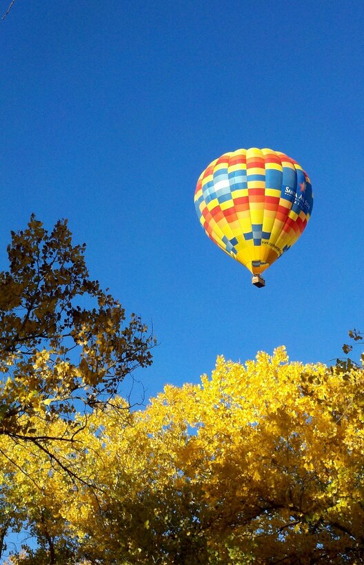 ALBUQUERQUE, N.M., -- A hot air balloon floats over the Rio Grande Nature Center Habitat Restoration Project area. Photo by Michael Porter, Oct. 21, 2011.
