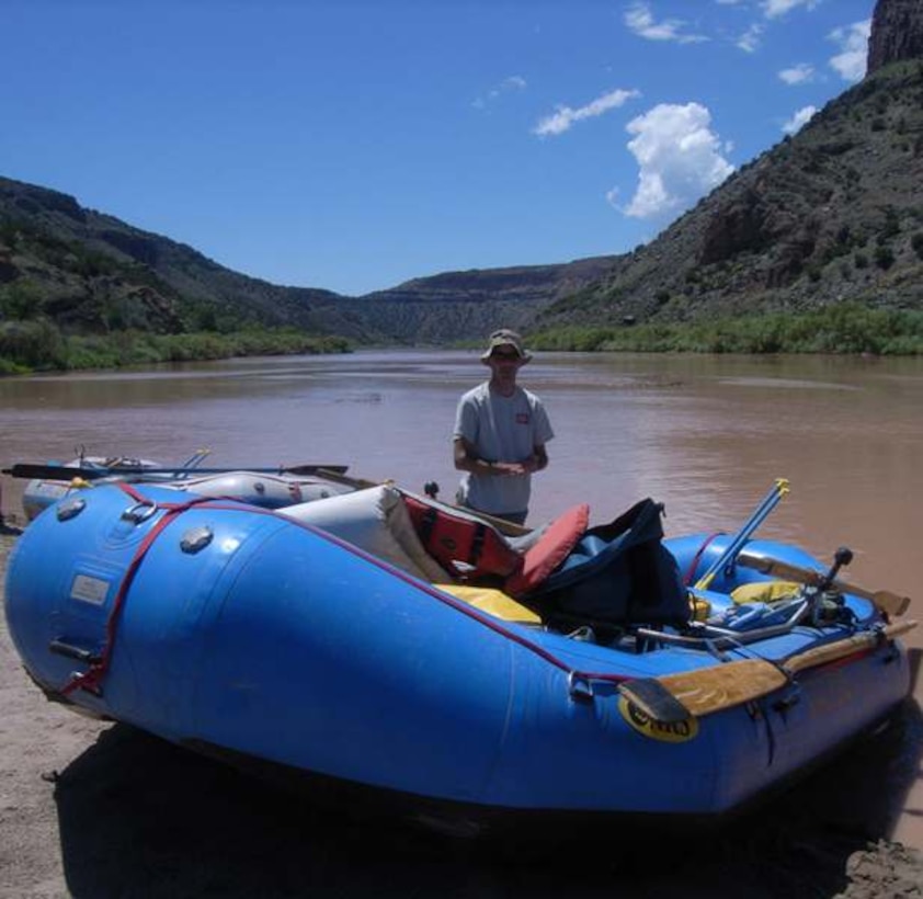 WHITE ROCK CANYON, N.M., -- District Commander Lt. Col. Jason Williams' White Rock Canyon maiden voyage. View is looking downstream on the left bank fo the Rio Grande. Photo by John Peterson, Aug. 6, 2010.