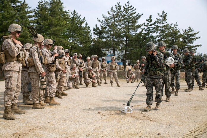 Republic of Korea Marines demonstrate a minesweeping technique for U.S. Marines April 21 during Korean Marine Exchange Program 14-6 in Pohang, Republic of Korea. Marines use metal detectors to help identify improvised explosive devices, landmines or anything potentially harmful that is buried underground. The ROK Marines are with the 1st ROK Marine Engineer Battalion, 1st ROK Marine Division.