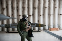 Lt. Col. Henry Jeffress, 80th Fighter Squadron director of operations, inspects an F-16 during exercise Beverly Bulldog 14-2 at Kunsan Air Base, Republic of Korea, May 9, 2014. This exercise tested the Wolf Pack's ability to perform its mission while under threat of chemical attack. (U.S. Air Force photo by Staff Sgt. Clayton Lenhardt/Released)