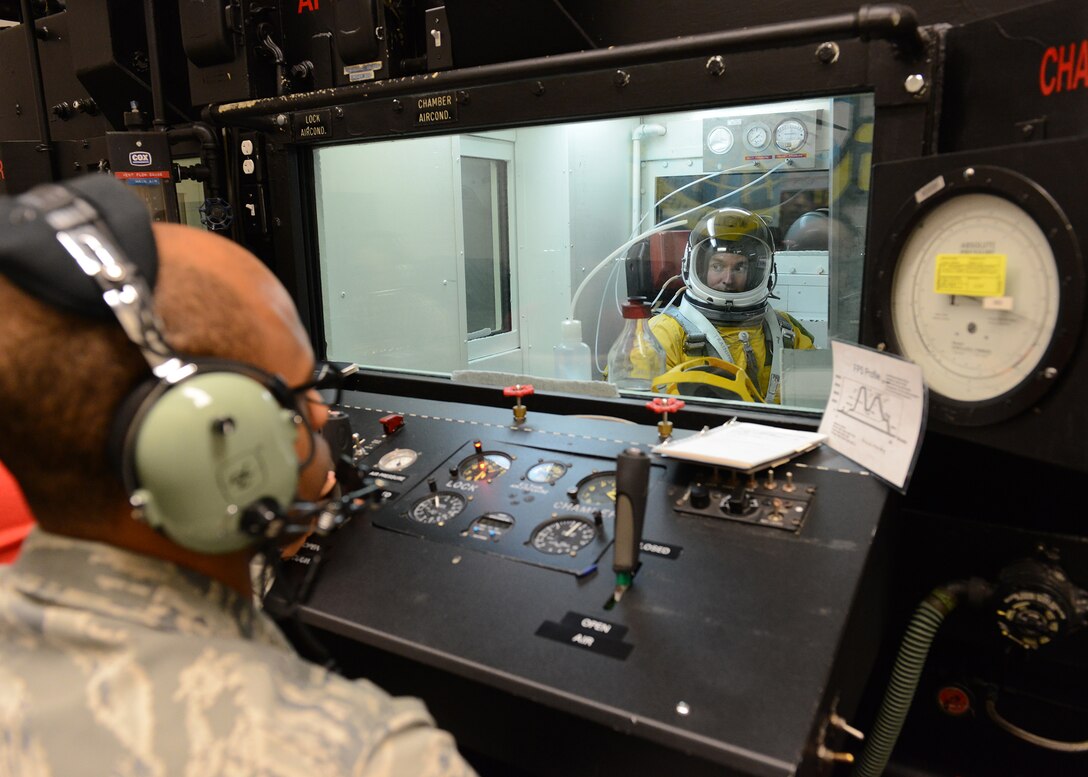 Undersecretary of the Air Force Eric Fanning receives an altitude chamber flight at the 9th Physiological Support Squadron on Beale Air Force Base, Calif., April 28, 2014. The chamber tests the functionality of the full-pressure suits worn by U-2 pilots. (U.S. Air Force photo by John Schwab)