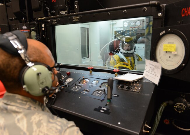 Undersecretary of the Air Force Eric Fanning receives an altitude chamber flight at the 9th Physiological Support Squadron on Beale Air Force Base, Calif., April 28, 2014. The chamber tests the functionality of the full-pressure suits worn by U-2 pilots. (U.S. Air Force photo by John Schwab)