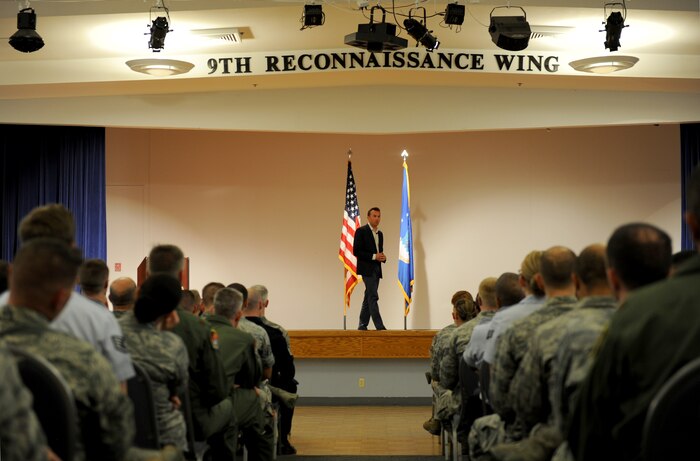 Undersecretary of the Air Force Eric Fanning addresses questions during an all call at Beale Air Force Base, Calif., April 28, 2014. Fanning visited Beale to gain a better understanding of Beale’s missions and to speak with Airmen about the future of the Air Force. (U.S. Air Force photo by Staff Sgt. Robert M. Trujillo)