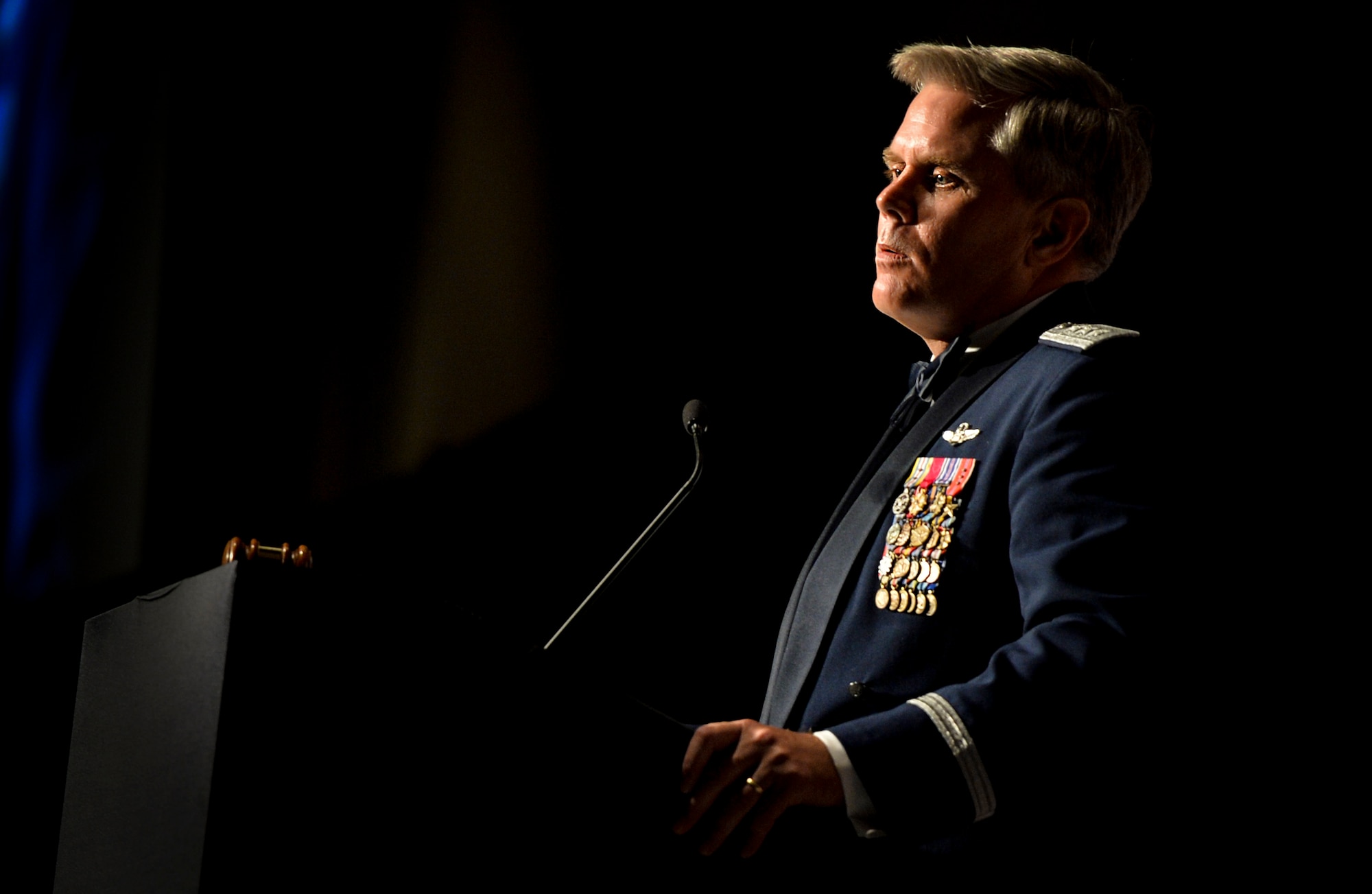 Lt. Gen. Eric Fiel, Air Force Special Operations Command commander, speaks after being inducted into the AFSOC Order of the Sword at the Emerald Coast Convention Center in Fort Walton Beach, Fla., May 9, 2014. Fiel was the ninth officer inducted into AFSOC’s Order of the Sword. (U.S. Air Force photo/Senior Airman Christopher Callaway) 