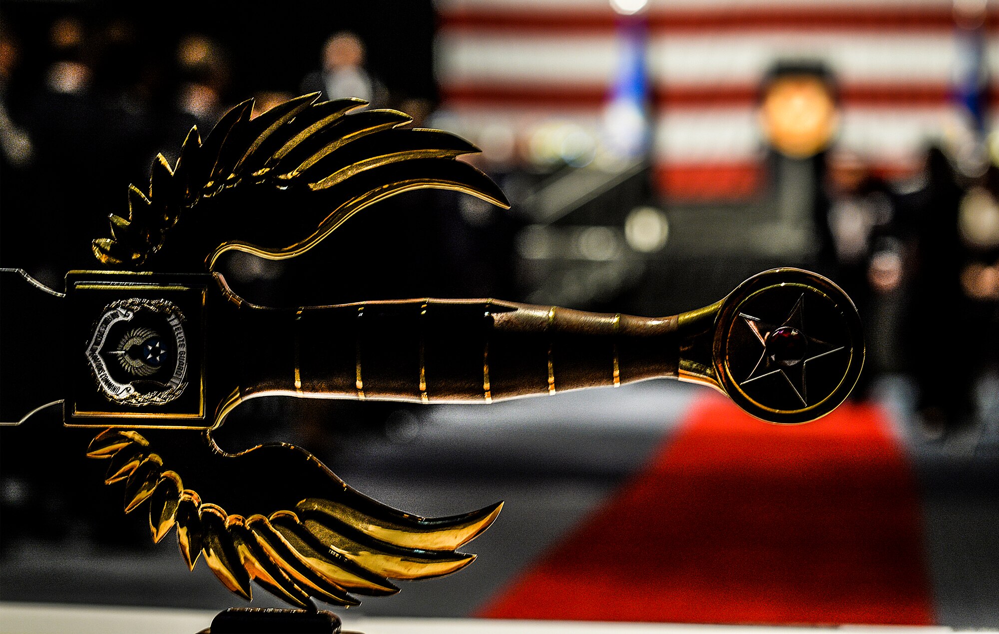 The Air Force Special Operations Command sword sits on its pedestal during an Order of the Sword ceremony at the Emerald Coast Convention Center in Fort Walton Beach, Fla., May 9, 2014. Lt. Gen. Eric Fiel, AFSOC commander, was the ninth officer inducted into AFSOC’s Order of the Sword. (U.S. Air Force photo/Senior Airman Christopher Callaway)