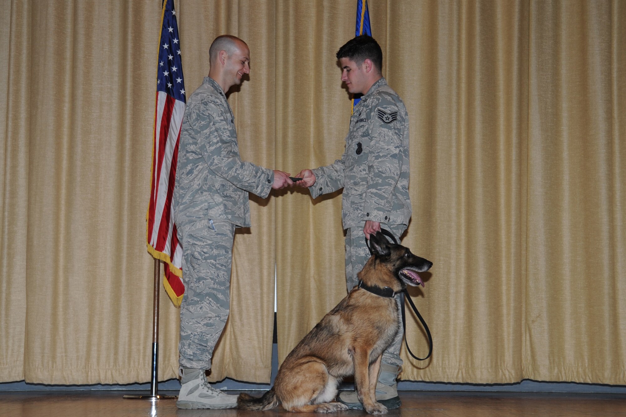 GOODFELLOW AIR FORCE BASE, Texas -- Capt. James J. Nelson, 17th Security Forces Squadron commander, accepts a badge for Rocky, 17th SFS military working dog, from Staff Sgt. Donald T. Weaver, 17th SFS MWD handler, during a retirement ceremony at the base theater here May 9. Rocky, a 10-year-old Belgian Malinois, was assigned to Goodfellow in August 2005. (U.S. Air Force photo/ Staff Sgt. Laura R. McFarlane)