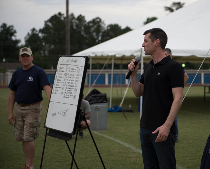 U.S. Air Force Chief Master Sgt. Matthew Wells, 23d Wing command chief, gives some closing comments during the Inaugural Tiger Run in Valdosta, Ga., May 10, 2014. Wells thanked the volunteers and runners for their participation in the event and urged everyone to come back for next year’s Tiger Run. (U.S. Air Force photo by Airman Dillian Bamman/Released)