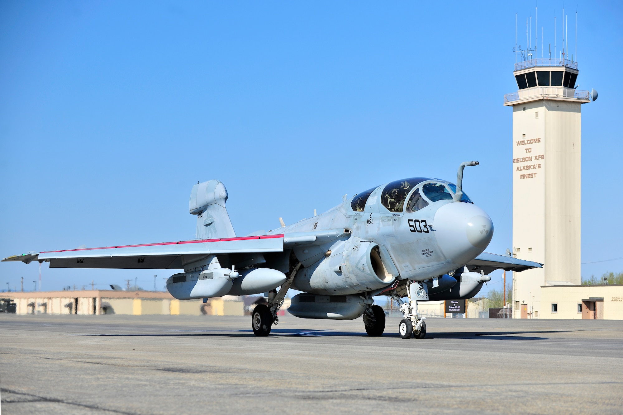A U.S. Navy EA-6B Prowler assigned to Electronic Attack Squadron 142 from Naval Air Station Whidbey Island, Oak Harbor, Wash., taxis down the runway during RED FLAG-Alaska 14-1 May 12, 2014, Eielson Air Force Base, Alaska. The EA-6B Prowler carries out missions by jamming enemy radar systems and gathering radio intelligence on enemy air defense systems. (U.S. Air Force photo by Staff Sgt. Jim Araos/Released)