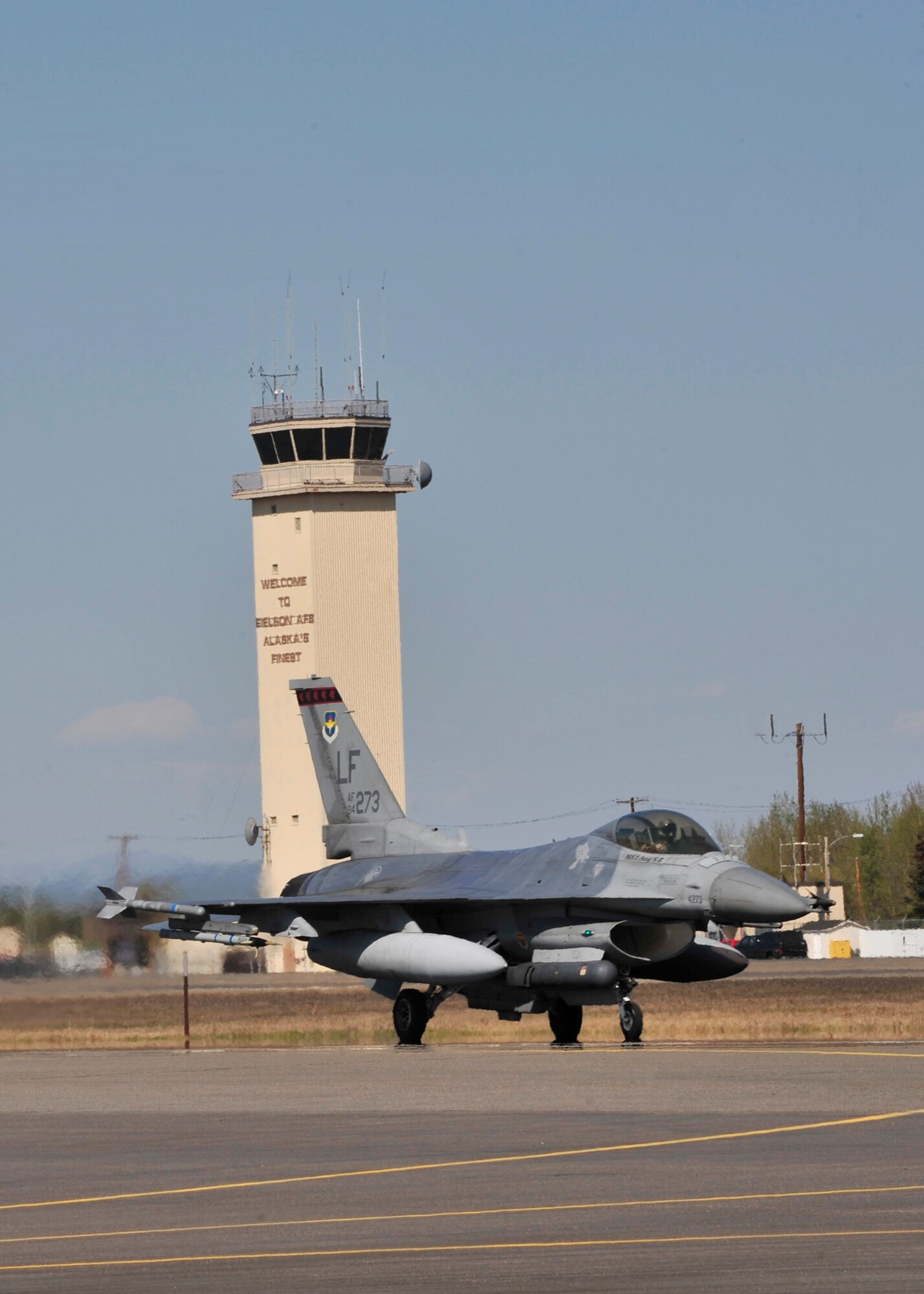 A Republic of Singapore F-16 Fighting Falcon assigned to the 425th Fighter Squadron, Luke Air Force Base, Ariz., taxis before launching from the ramp May 12, 2014, Eielson Air Force Base, Alaska. Aircraft from different bases are participating in exercise RED FLAG-Alaska 14-1, a two week-long air combat exercise. (U.S. Air Force photo by Senior Airman Ashley Nicole Taylor/Released)
