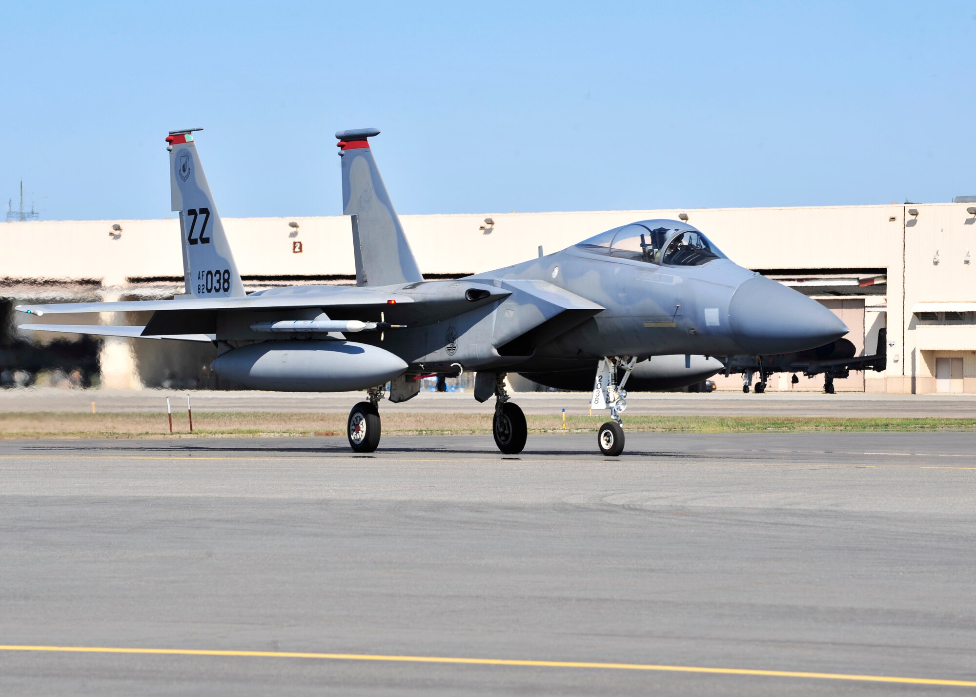 A U.S. Air Force F-15 Eagle assigned to the 67th Fighter Squadron, Kadena Air Base, Japan, taxis before launching from the runway May 12, 2014, Eielson Air Force Base, Alaska. The F-15's are participating in RED FLAG-Alaska 14-1, a two week-long air combat exercise. (U.S. Air Force photo by Senior Airman Ashley Nicole Taylor/Released)